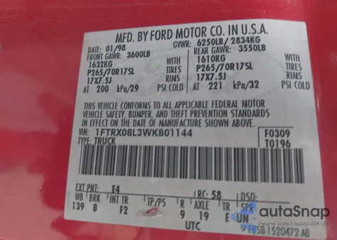 1998 Ford F-150 Lariat/Xl/Xlt из США, поврежденный, VIN 1FTRX08L3WKB01144